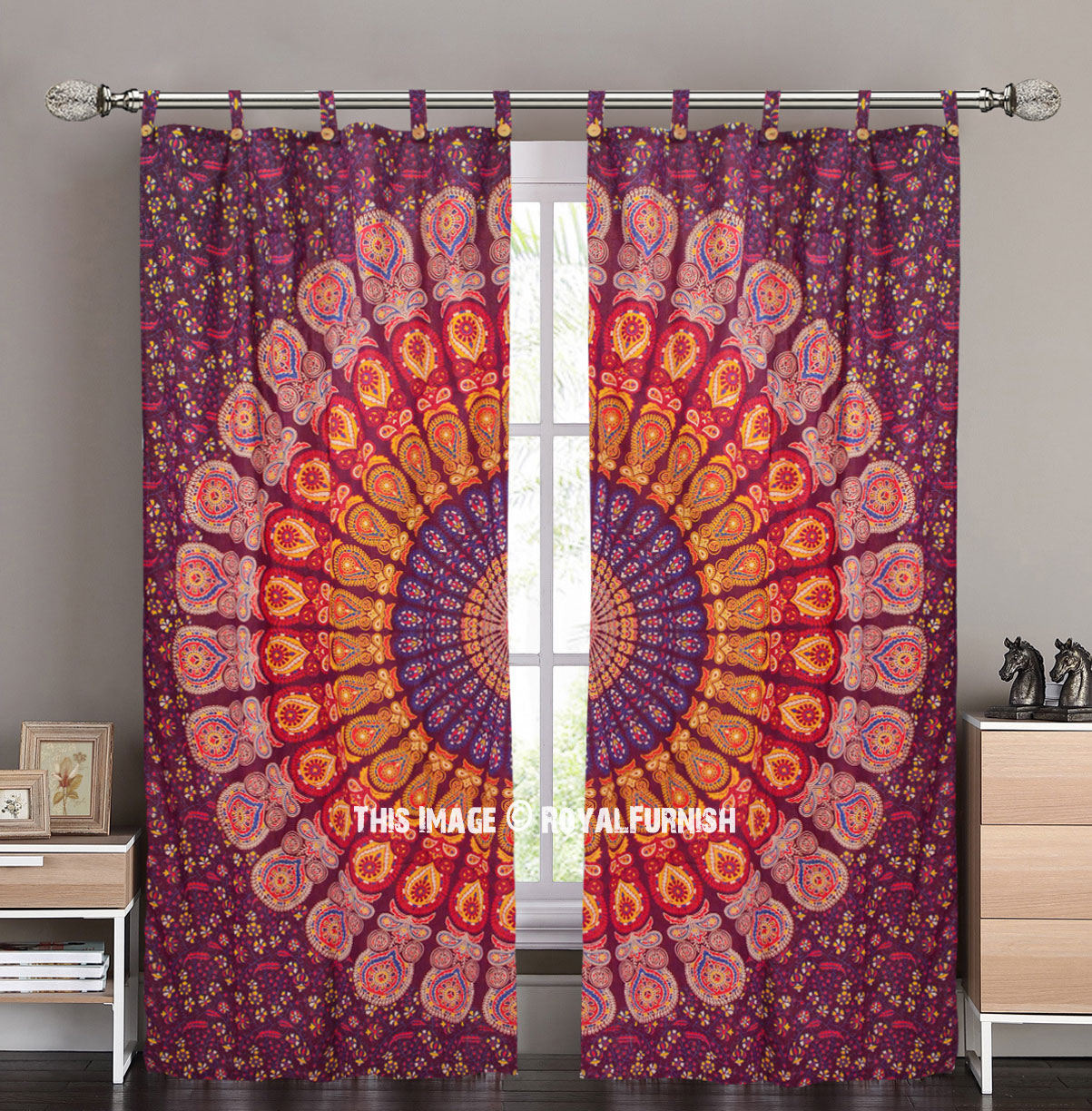 Red Gold Ombre Mandala Tapestry Curtain Indian 2 Valances Drape Panel Boho Decor 