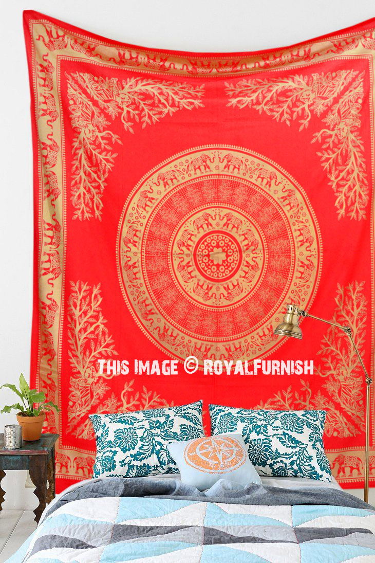 Unique Red Gold Boho Elephant Mandala Ring Tapestry Wall Hanging