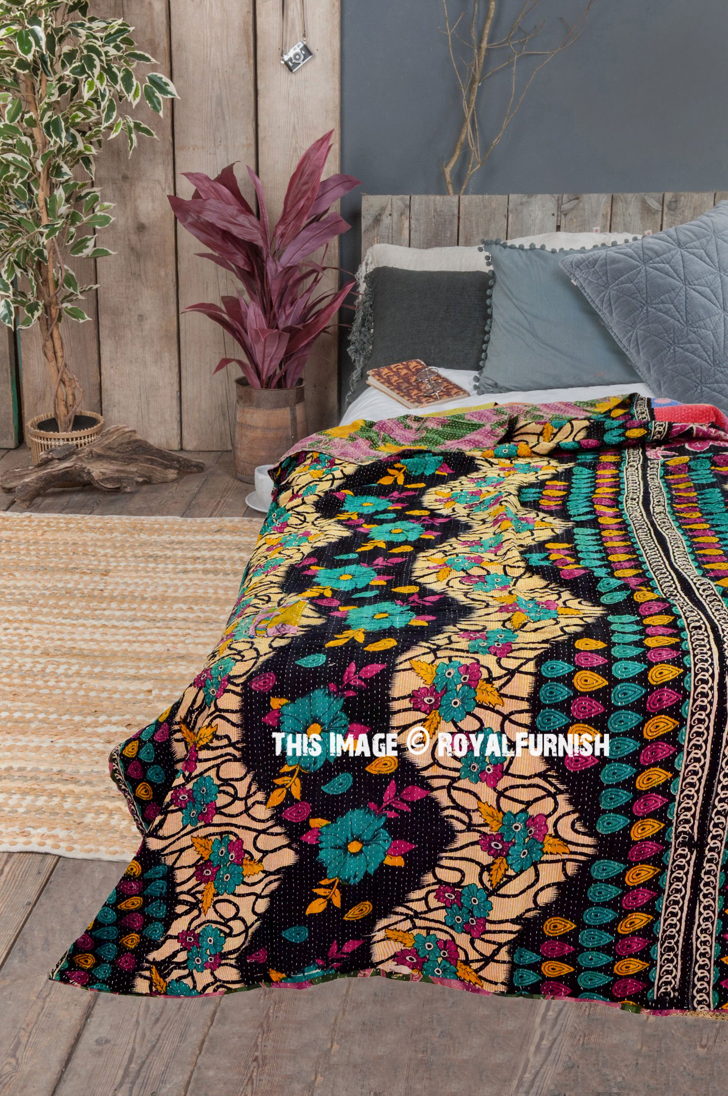 Black Multi Bohemian Reversible Kantha Blanket Throw