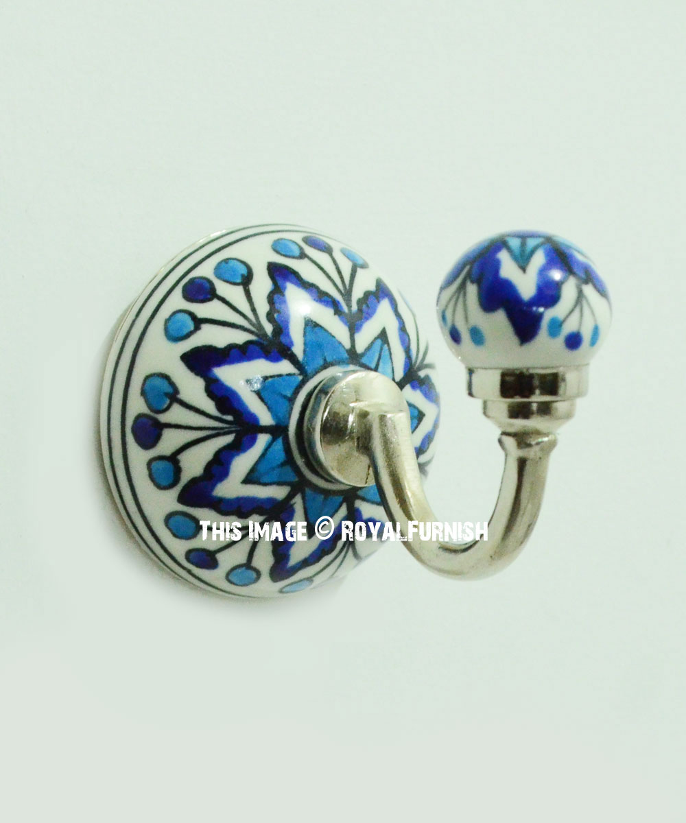 White & Blue Aster Floral Decorative Ceramic Wall Hook 