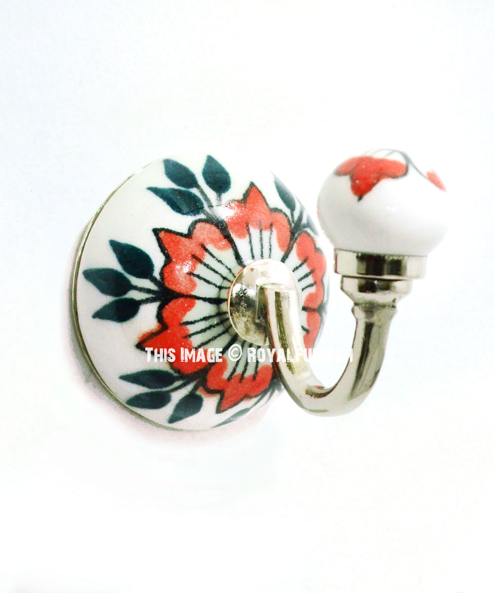 Orange & Green Leaves Floral Hand Paint Decorative Ceramic Wall Hook 