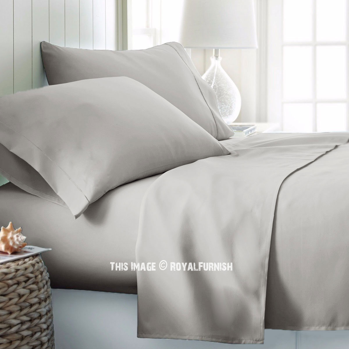 Light Grey 4Pc Cotton Bed Sheet Set 1 Flat Sheet, 1 Fitted Sheet