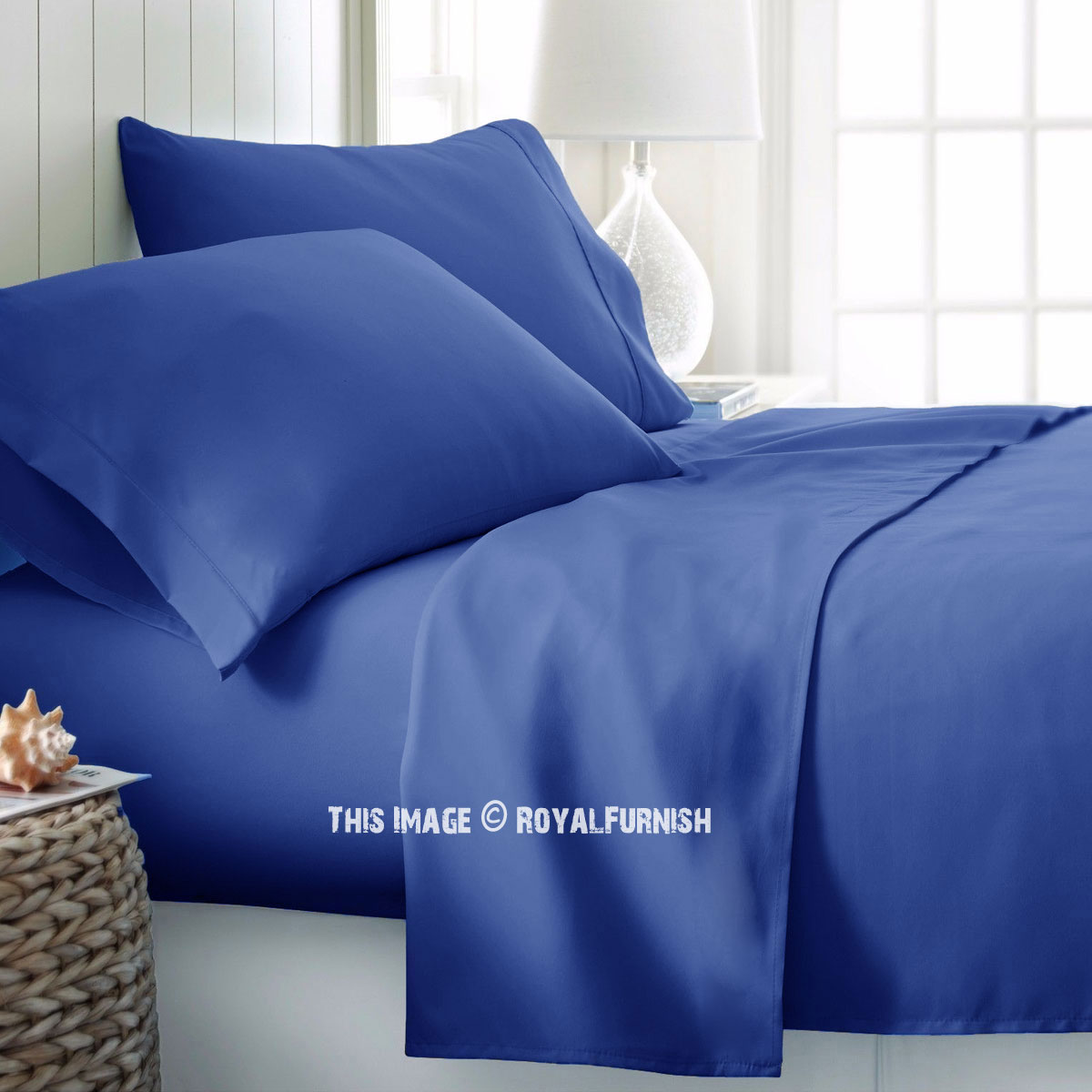 Royal Blue 4Pc Cotton Bed Sheet Set 1 Flat Sheet, 1 Fitted Sheet and 2  Pillowcases 300TC 