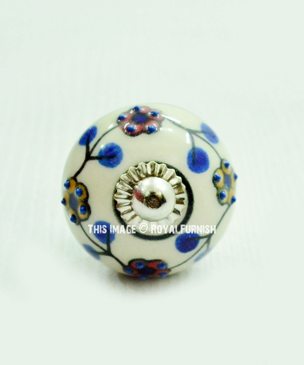 Ceramic royal blue delicate white floral design 4cm round door knob//pulls//handle