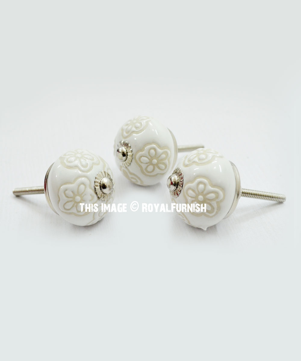 Vintage White Decorative Round Floral Ceramic Drawer Knob Set Of