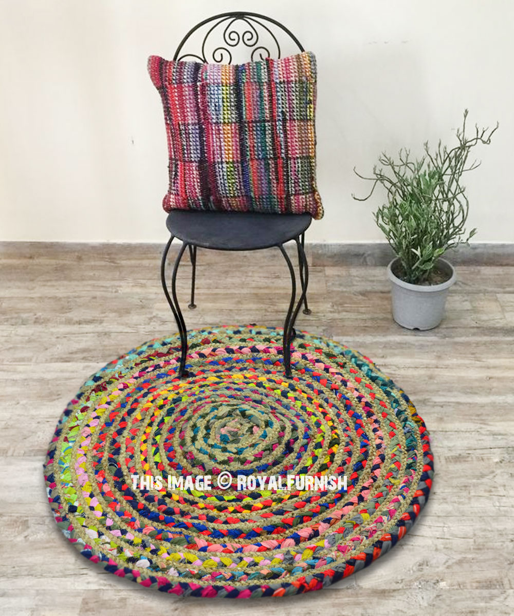 2 ft Round Colorful Natural Jute Chindi Sisal Woven Area Braided Rug Boho Indian 