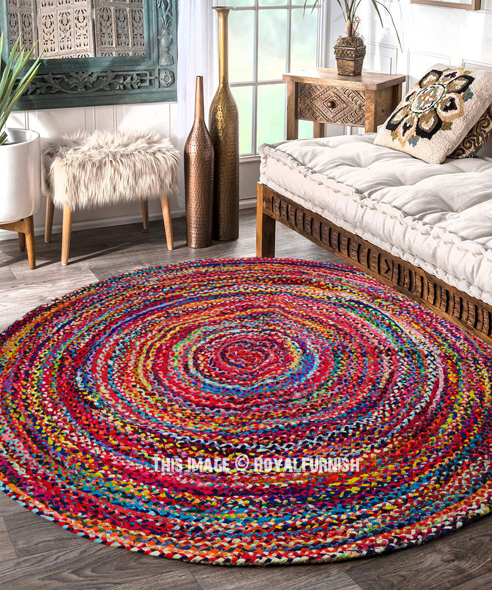 Round Chindi Rag Rug, Recycled Cotton, Multicolour 3 ft, Braided Style,  Hand Knotted