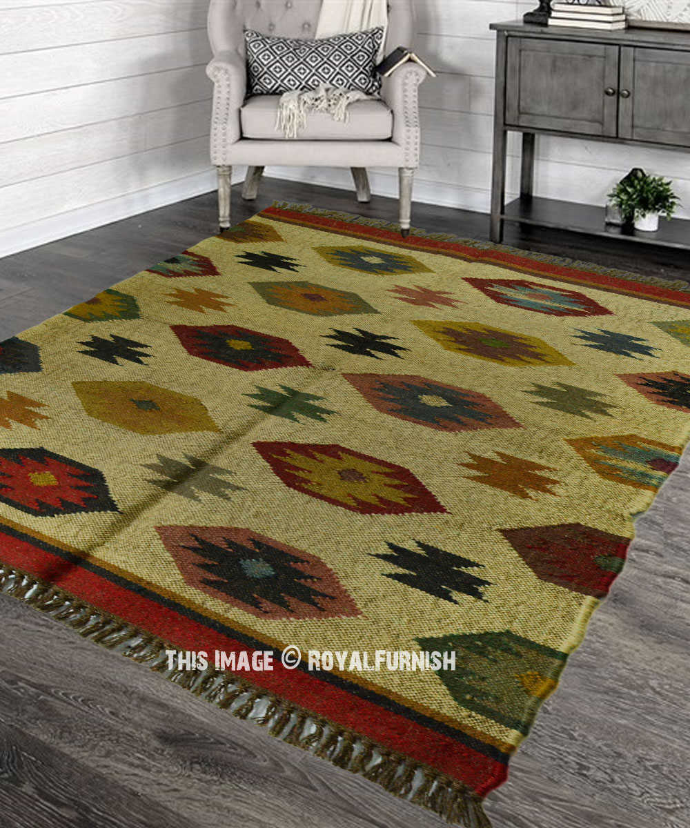 Wool Jute Handmade Kilim Area Floor Rug Home Decor Hand Knotted Geometric 3x5 Ft 