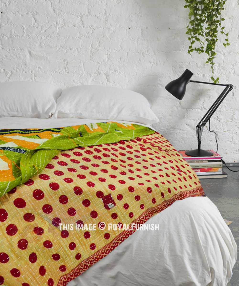 New Kantha Quilt Polka Dots Print Bedspread Cotton Reversible Blanket Queen 