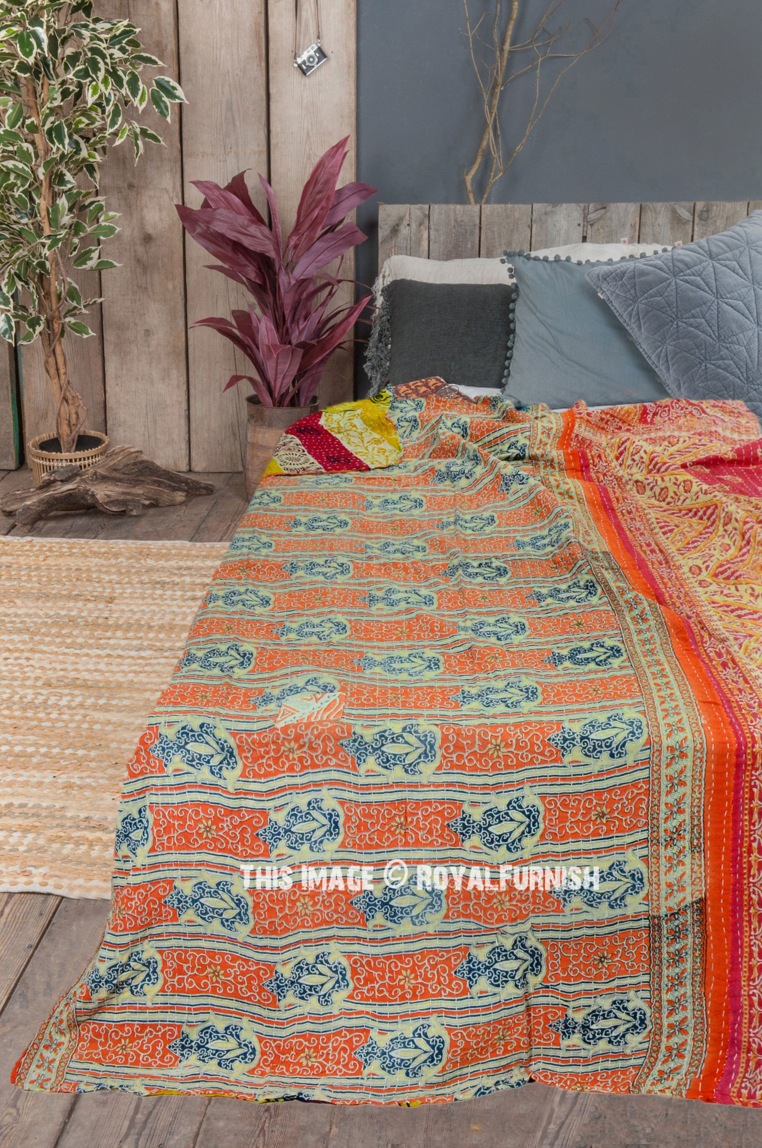 Orange Floral Reversible Kantha Bedding Throw Blanket - RoyalFurnish.com