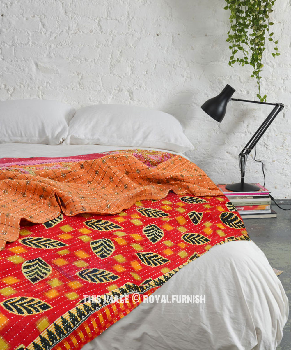 Indian Handmade Quilt Vintage Beige Kantha Twin Bedspread Throw Cotton Blanket 