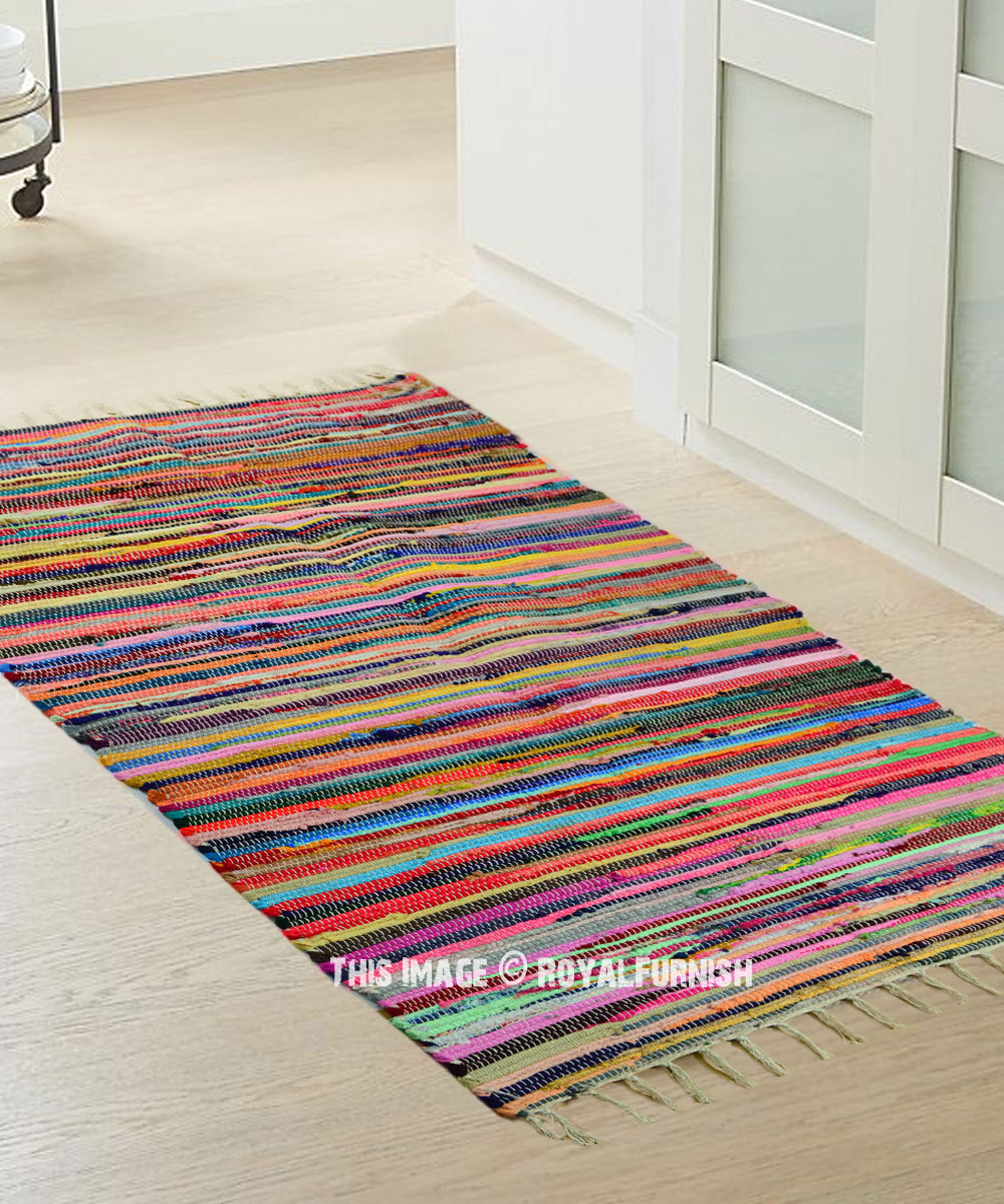 Handmade Cotton Colourful Braided Chindi Indian Striped Floor Rugs Home Carpets