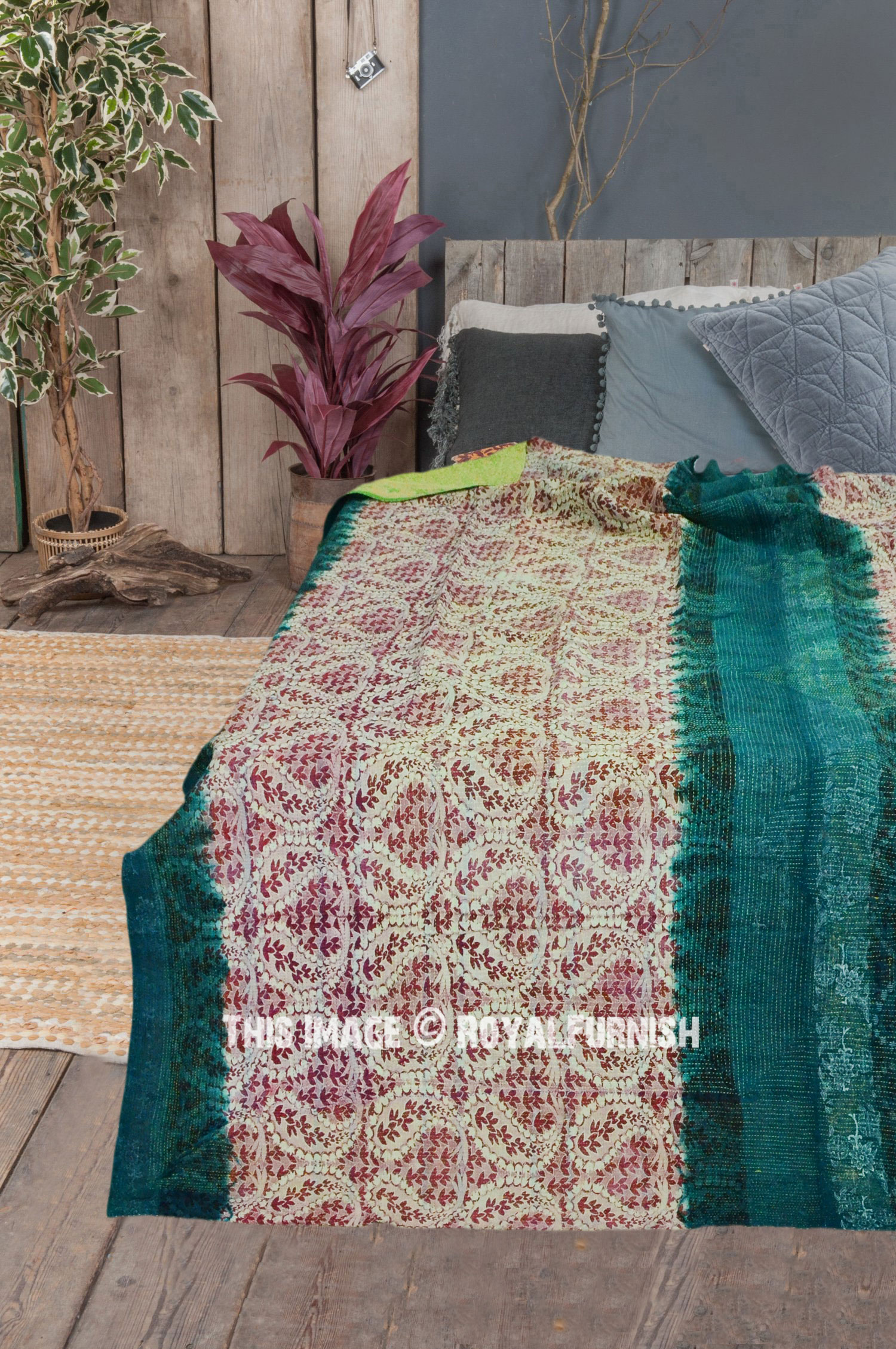 White Flower Print Bohemian Supreme Cotton Indian Kantha Blanket