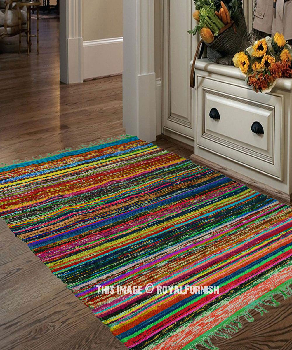 Bohemian Braided Area Reversible Cotton Chindi Hand Woven Rug Carpet Multi Color 