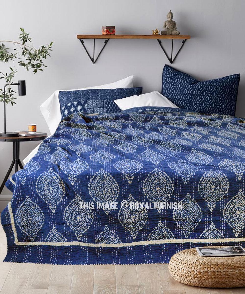 Indian Ikat Cotton Bedspread Queen Indigo Blue HandBlock Print Kantha Quilt