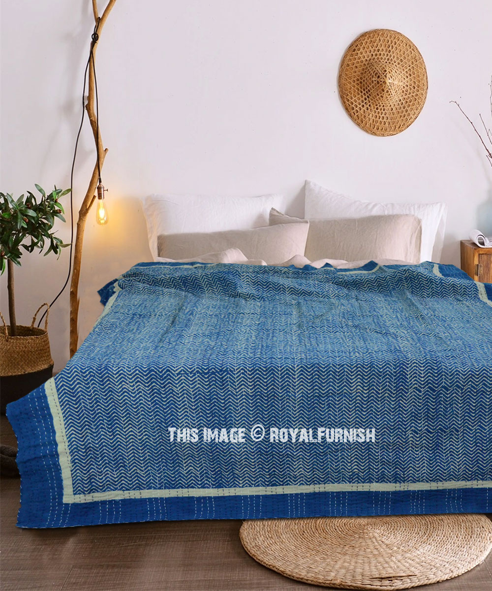 Indigo Blue Arrow Chevron Kantha Quilt Blanket Twin Size RoyalFurnish