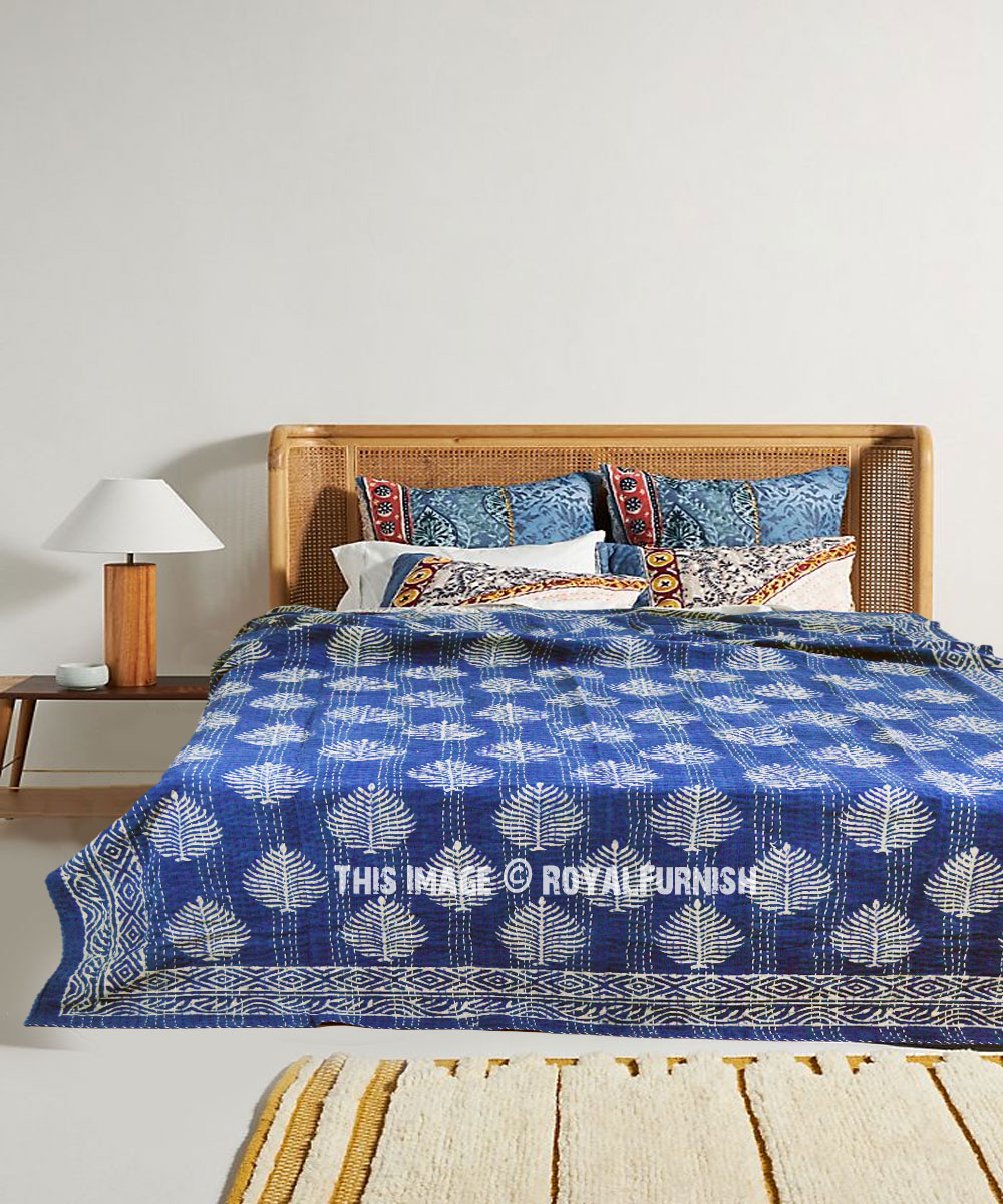 Indigo Blue Hand Block Print Twin Cotton Kantha Quilt Throw blanket Bedspread 
