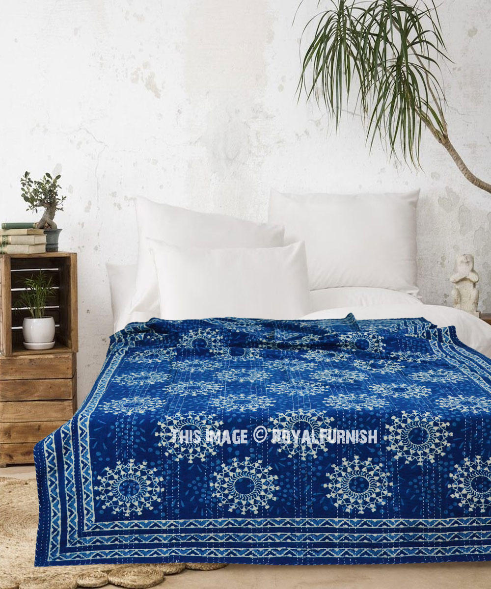 Indian Embroidery Kantha Quilt Bedspread Block Print Throw Cotton Blue 