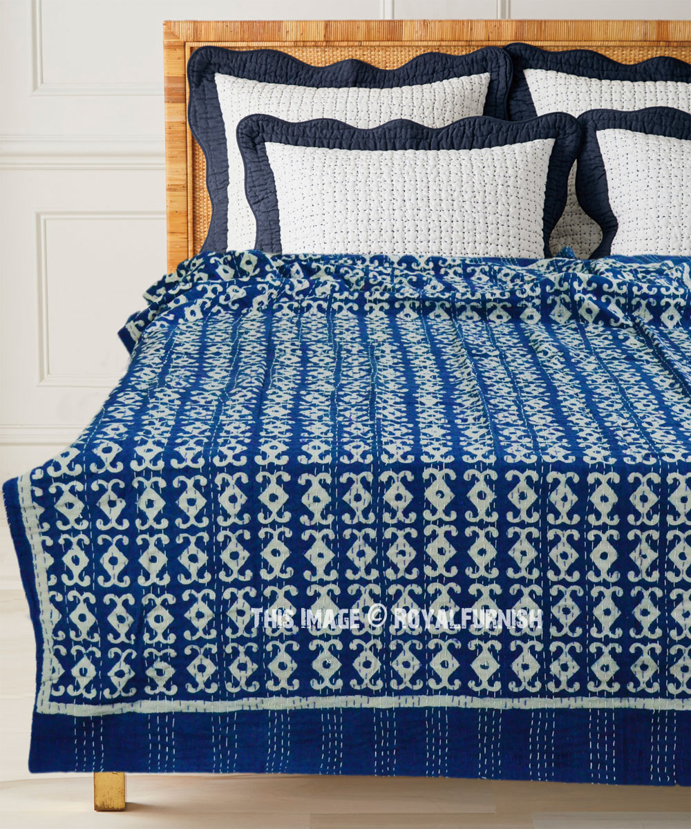 Blue Indigo Kantha Quilt Indian Block Print Bedspread Twin Size 90*60 