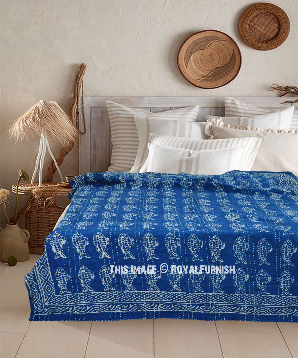 Handmade Indigo Block Print Cotton Bedspread Indian Blanket Twin Kantha Quilt 