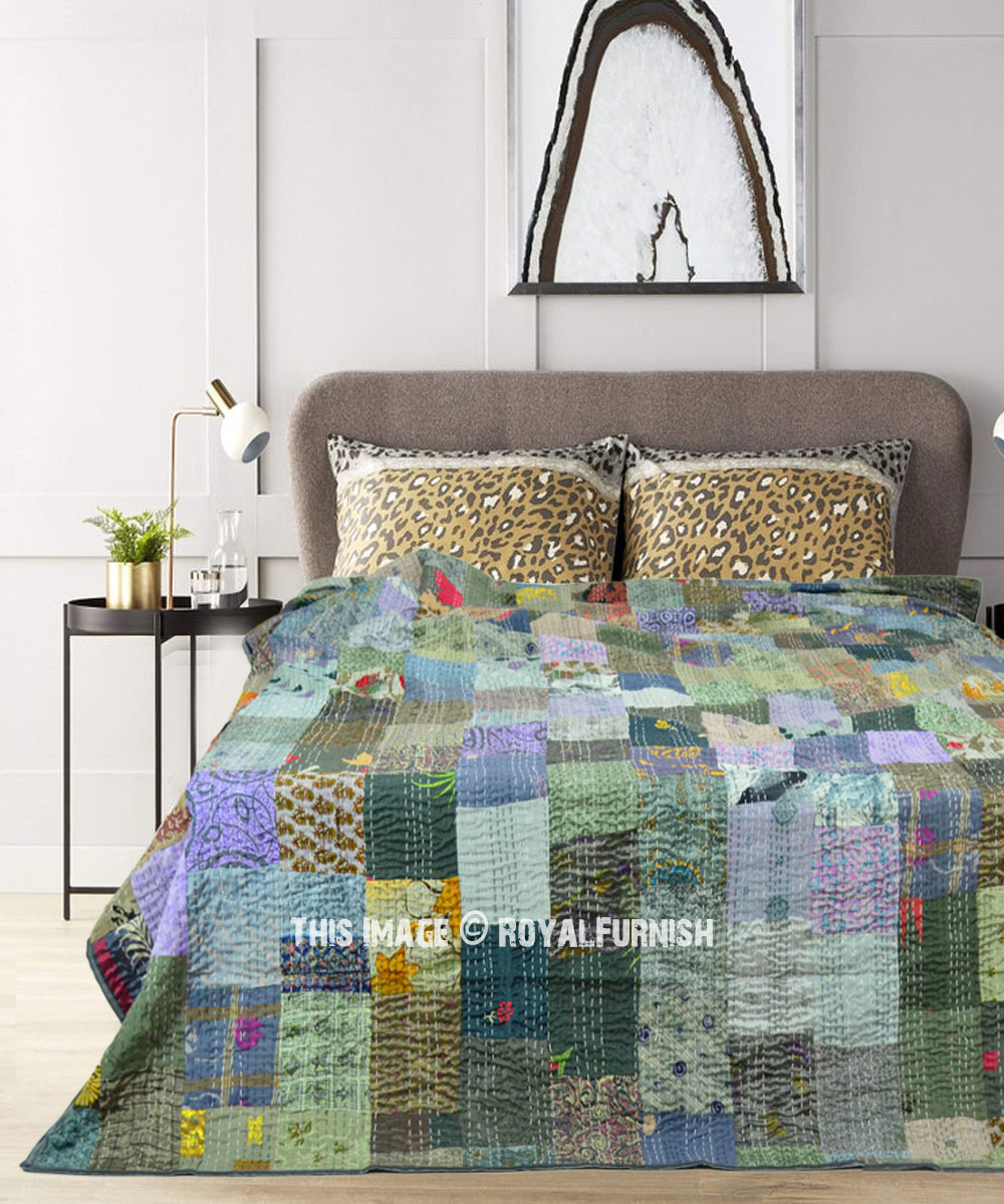 Handmade Patchwork Multi Print Kantha Quilt Twin Throw Quilt Indian Bedspread 