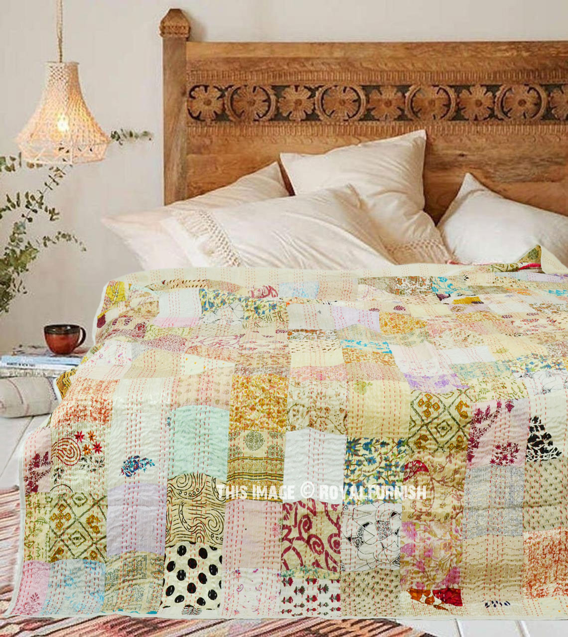 Details about   New Indian Pure Cotton-Kantha Work Bed Cover Queen Size Quilt Bedspreads-Blanket 