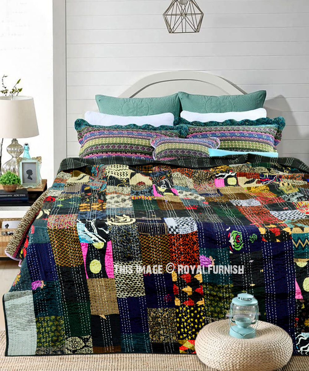Queen Patchwork Silk Kantha Quilt Bedcover Indian Patola Quilt Blanket coverlet 