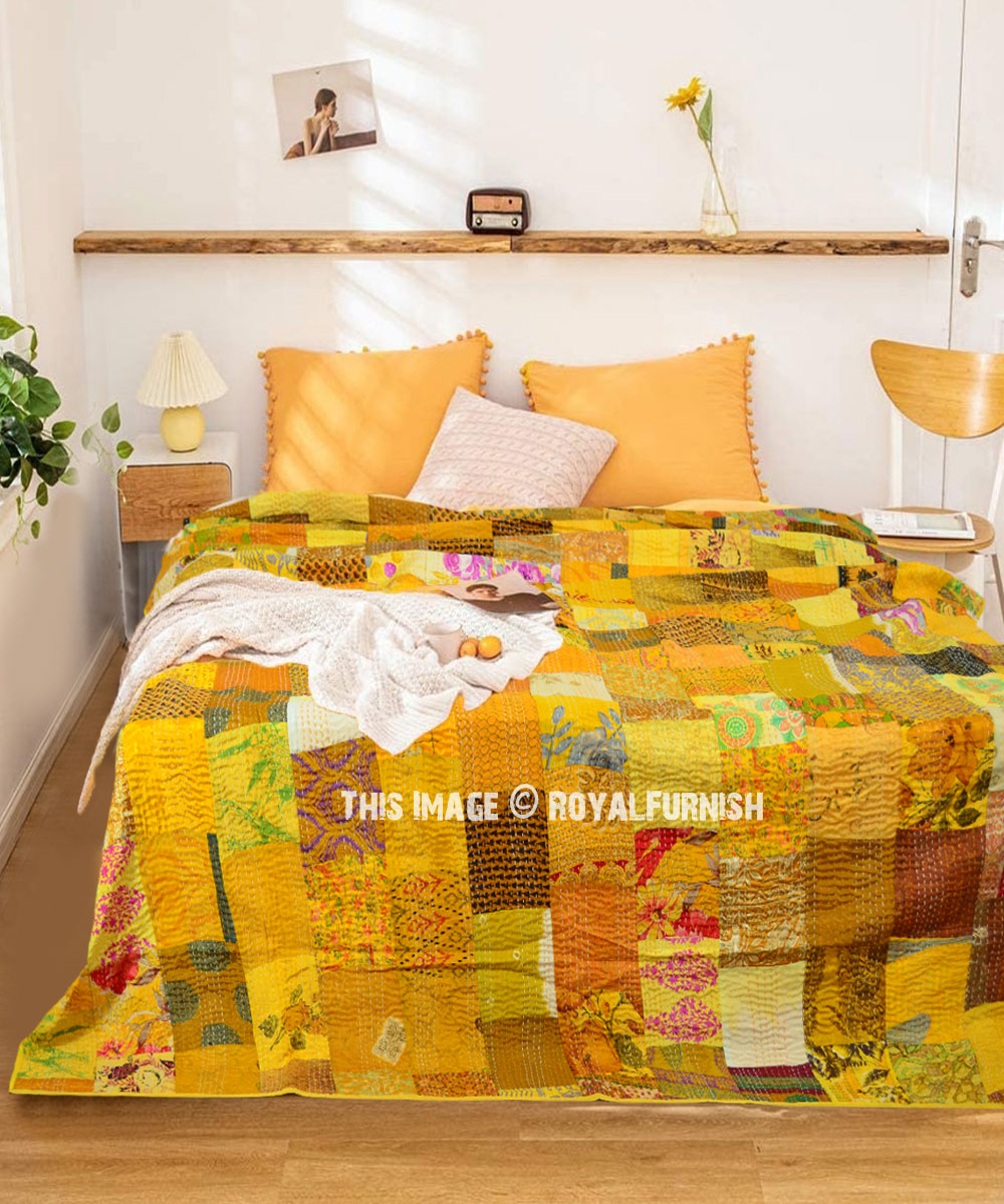 Yellow Patchwork Kantha Quilt Reversible Bedspread Cotton Handmade Bedding Twin