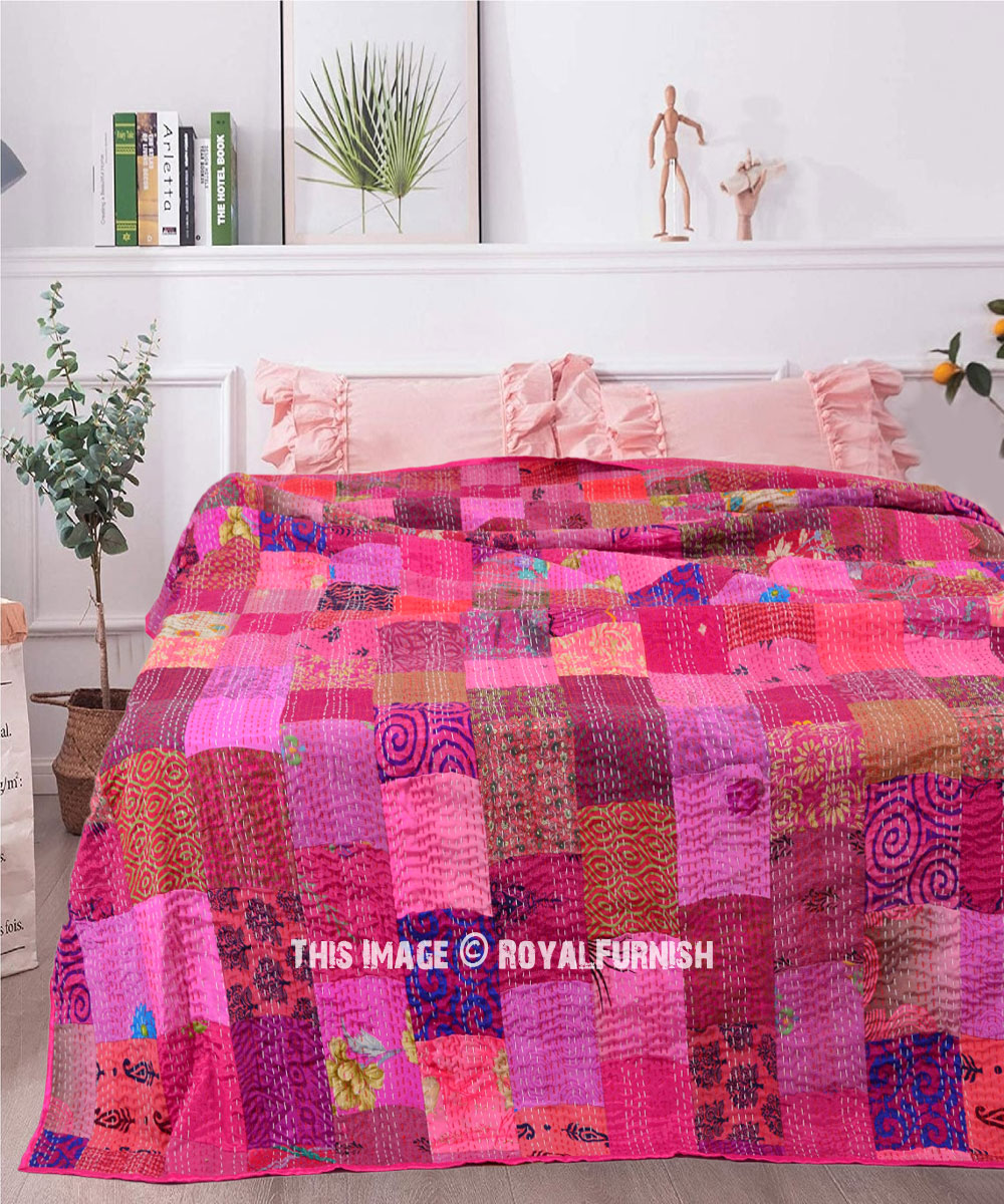 Multicolored King Size Kantha Quilt Patola Silk Assorted Patchwork Bedspread Set 