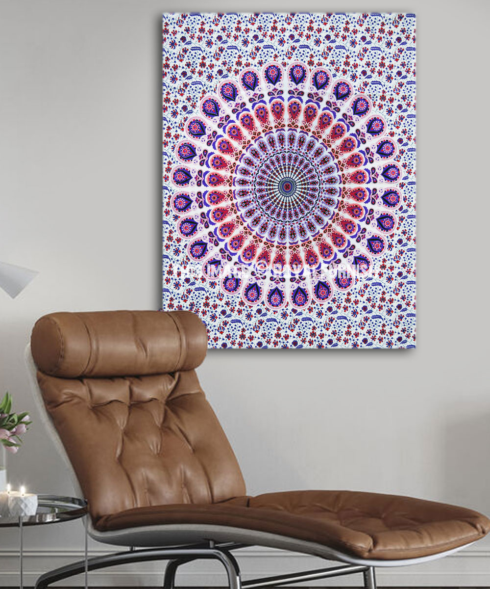 Pink Blue Floral Medallion Cotton Fabric Tapestry 30X45 Inch
