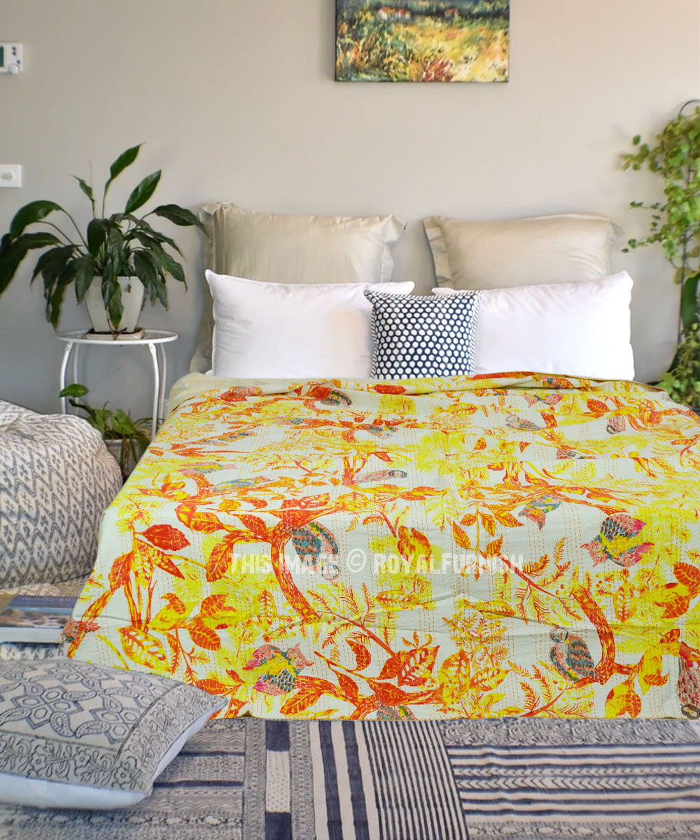 Women's Frida Khalo Print Kantha Quilts Twin Bohemian Bedding Blanket Bedcover 