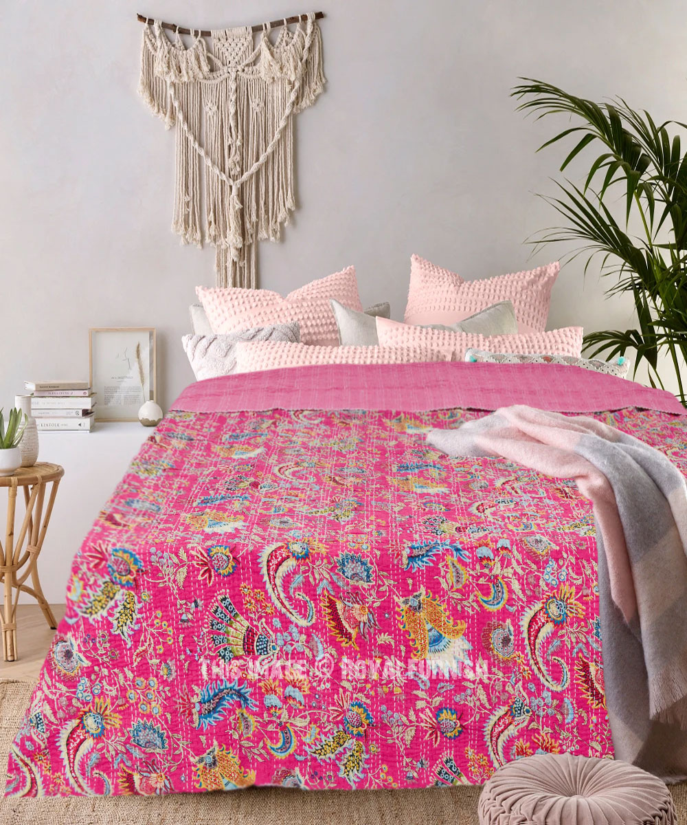 Indian Kantha Cotton Quilt Handmade Bedspread Reversible Bedding Pink Floral Art 