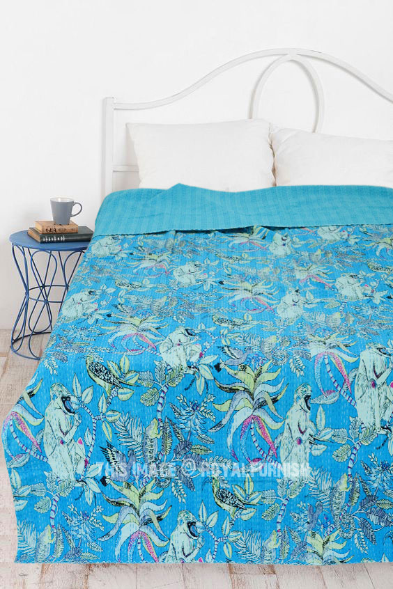 Indian Bedspread Twin Turquoise Floral Cotton Kantha Quilt Bedding Blanket Throw 