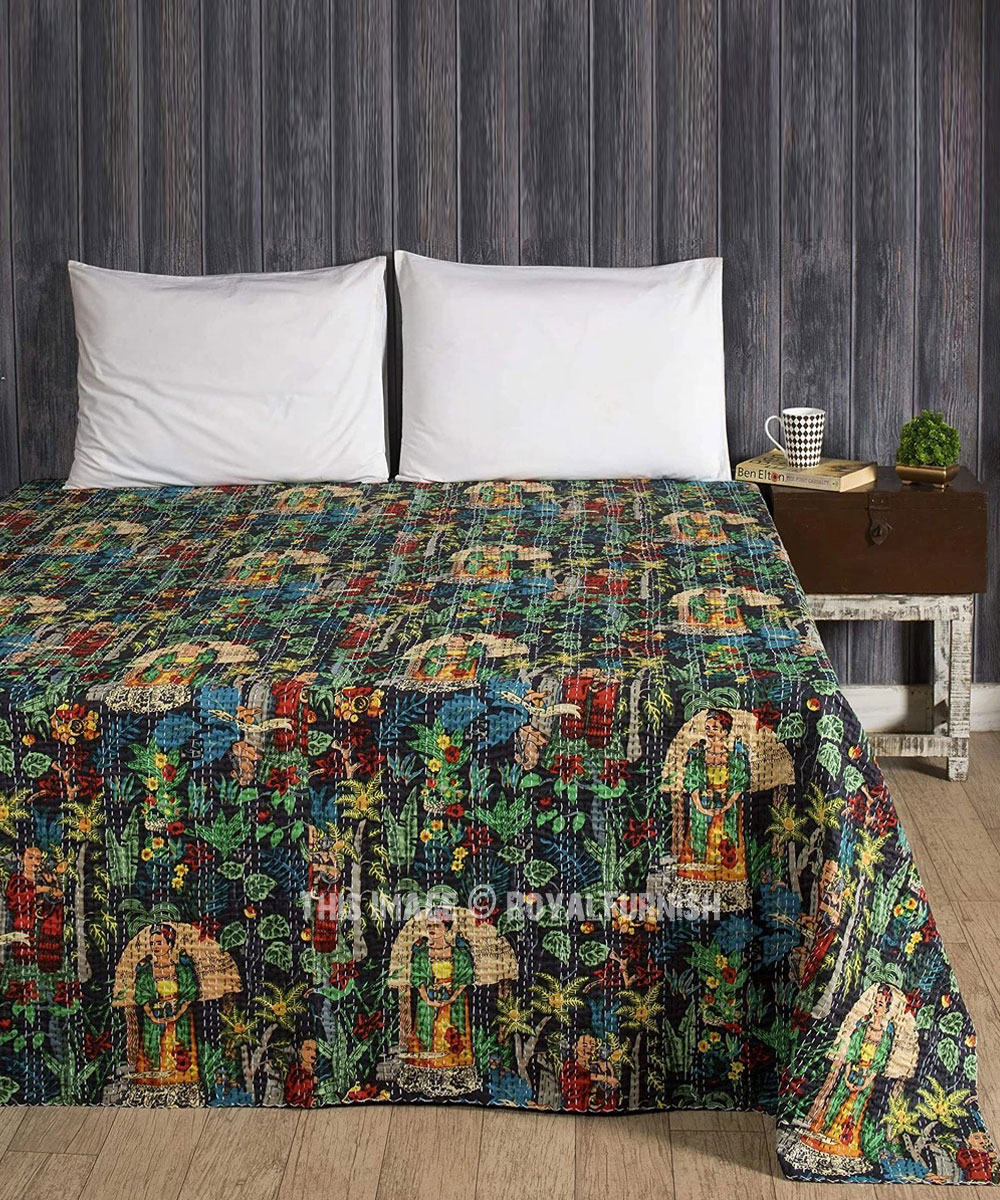 Indian Handmade Bird Kantha Quilt Block Print Bedspread Turquoise Queen Size 
