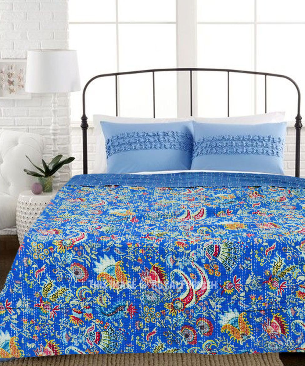 Indian Handmade Bird Kantha Quilt Block Print Bedspread Blue Twin Size 