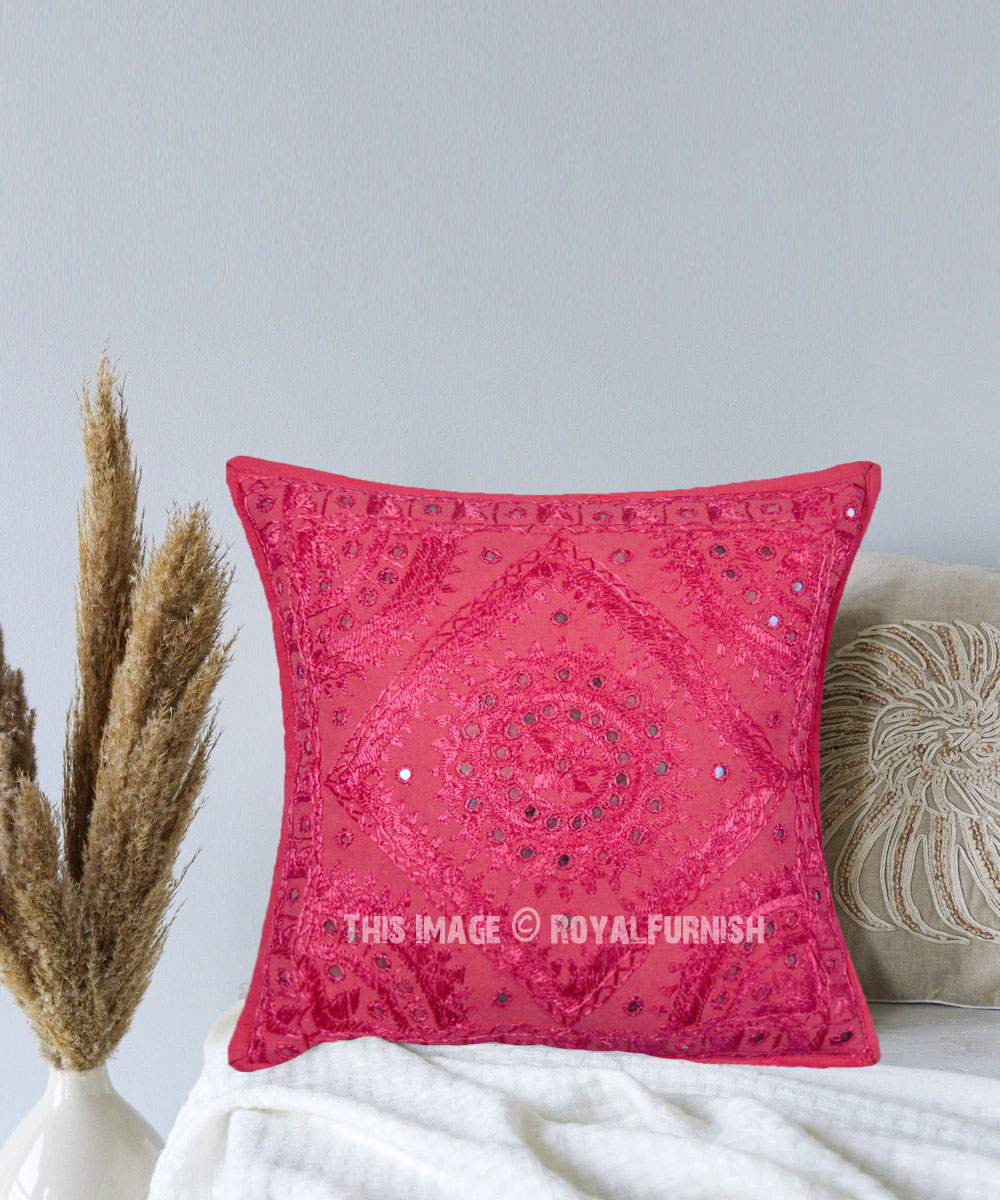 Bohemian Embroidered Cushion Cover Boho 16x16 Cotton Mirrored Throw Pillow Cover 