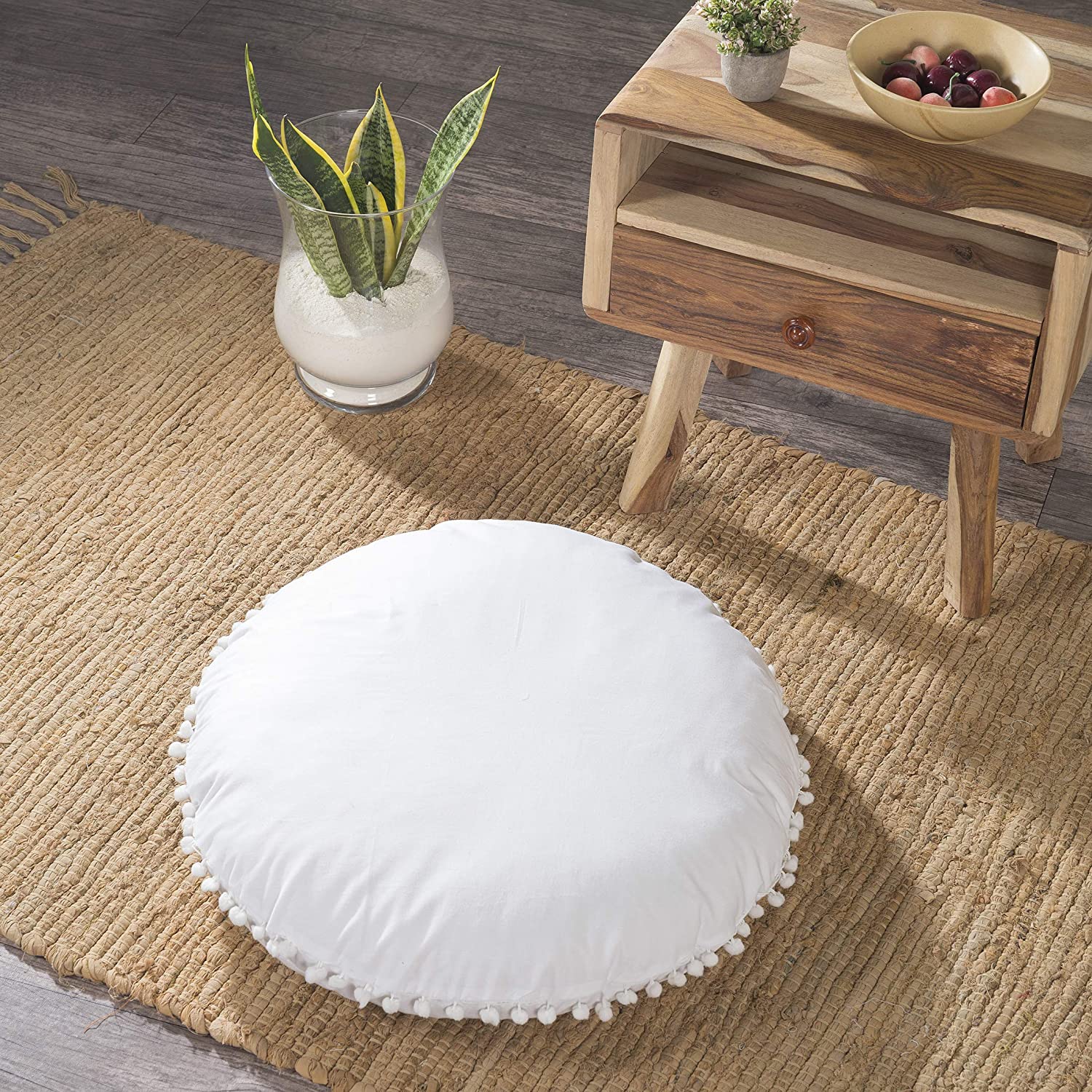 Oversized White Round Floor Pillow Cover with Pom Pom for Extra Sitting