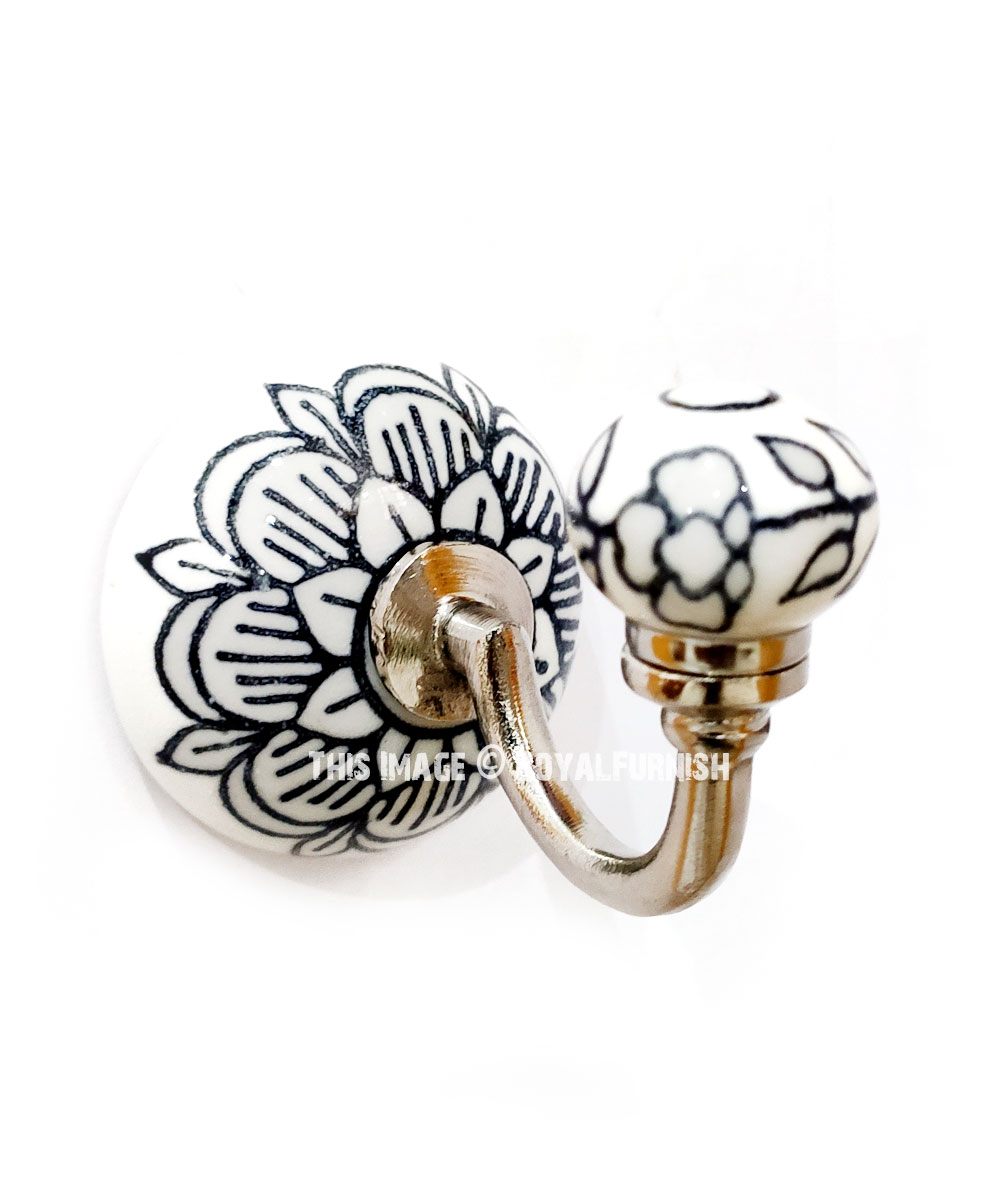 Black-White Boho Vintage Floral Hand Painted Ceramic Wall Hook