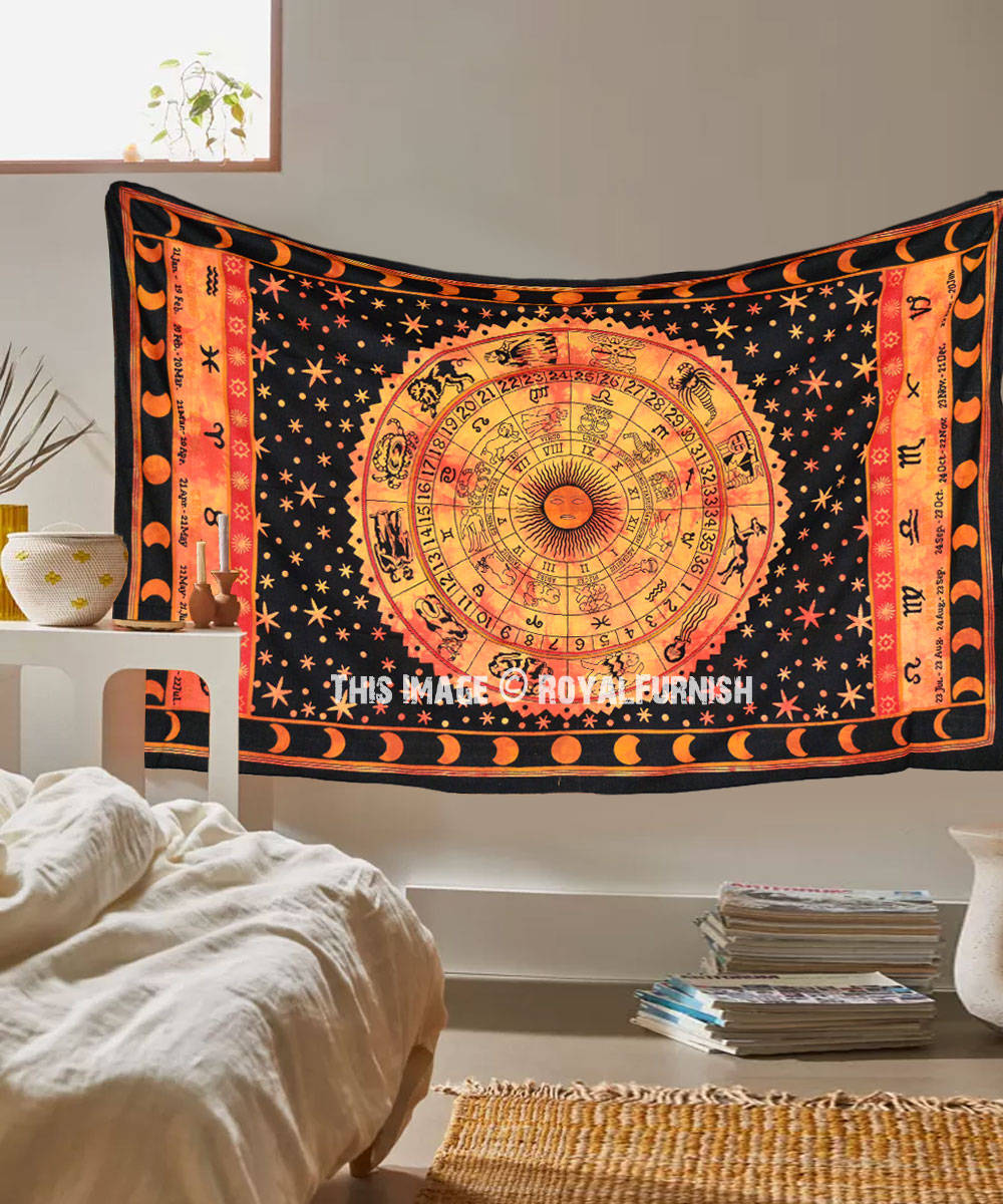 Cycle of Ages Zodiac Sun Twin Tapestry Hippie Home Decor Cotton Wall Hanging Art 