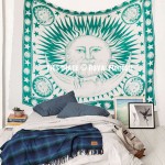 Green Multi Good Morning Sun Moon Cotton Tapestry Wall Hanging