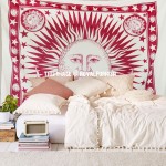 Maroon and White Sun Moon Planet Star Fringed Tapestry Bedspread