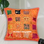 Orange Accent Sari Patchwork Cushion Cover 16x16 India Handmade