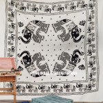 Four Elephants White and Black Fringed Wall Tapestry, Indian Bedding