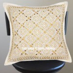 White Golden Color Threads Hand Embroidered Cotton Pillow Cover