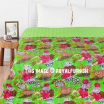 Green Multi Tropicana Fruit Flower Printed Cotton Kantha Bedspread Quilt Bedding
