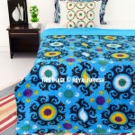 Small Turquoise Suzani Flower Printed Kantha Blanket Throw