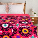 Pink Multi Suzani Floral Printed Twin Kantha Quilt Blanket