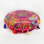 Multi Colorful Pink One-Of-A-Kind Patchwork Round Yoga Floor Pillow Cover 22" Inch