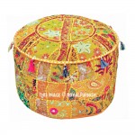 Yellow One-Of-A-Kind Unique Round Floor Seating Pouf Footstool Ottoman Cover 22X12 Inch