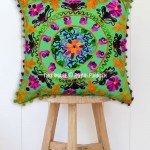 Bohemian Style Green Round Circle Suzani Embroidered Cushion Cover 16X16 Inch